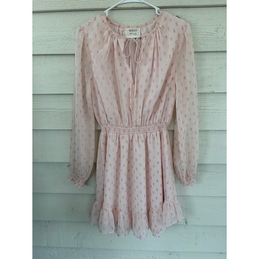 WAYF Dede x Emily Pink Swiss Dot Mini Dress Size S Romantic Ruffle Hem - Picture 2 of 9